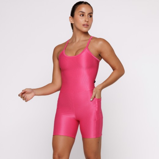 Macaquinho Fitness Canelado Com Bolsos Laterais Pink Flux