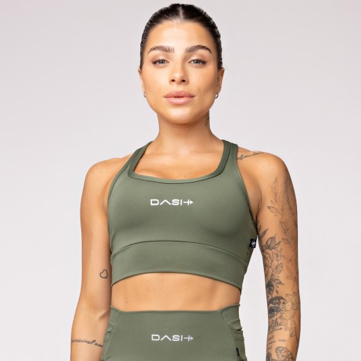 Top Alta Sustentação Baixa Pace com Bolso nas Costas Verde Militar