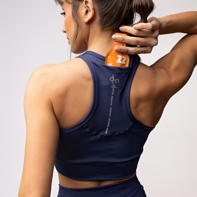 Top Alta Sustentação Baixa Pace com Bolso nas Costas Azul Marinho