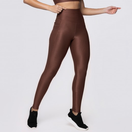 Legging Fitness Canelada Com Bolsos Laterais Marrom Café Flux