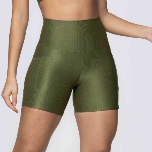 Short Fitness Canelado Com Bolsos Laterais Verde Musgo Flux