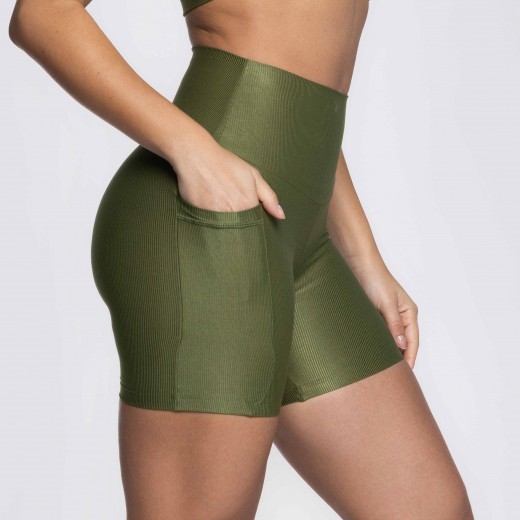 Short Fitness Canelado Com Bolsos Laterais Verde Musgo Flux