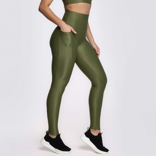 Legging Fitness Canelada Com Bolsos Laterais Verde Musgo Flux