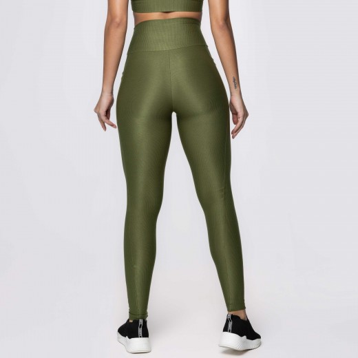 Legging Fitness Canelada Com Bolsos Laterais Verde Musgo Flux