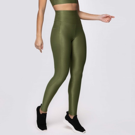 Legging Fitness Canelada Com Bolsos Laterais Verde Musgo Flux