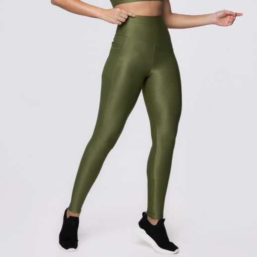 Legging Fitness Canelada Com Bolsos Laterais Verde Musgo Flux