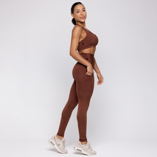 Calça Legging Com Três Bolsos Marrom Café