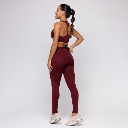 Calça Legging Com Três Bolsos Vermelho Bordô